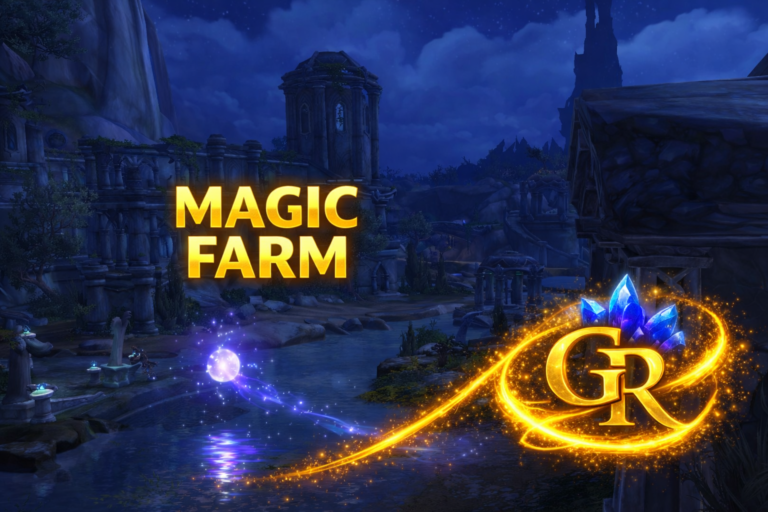 Magic farm route thumbnail featuring glowing arcane wisp over water in ancient ruins with Golden Routes GR logo