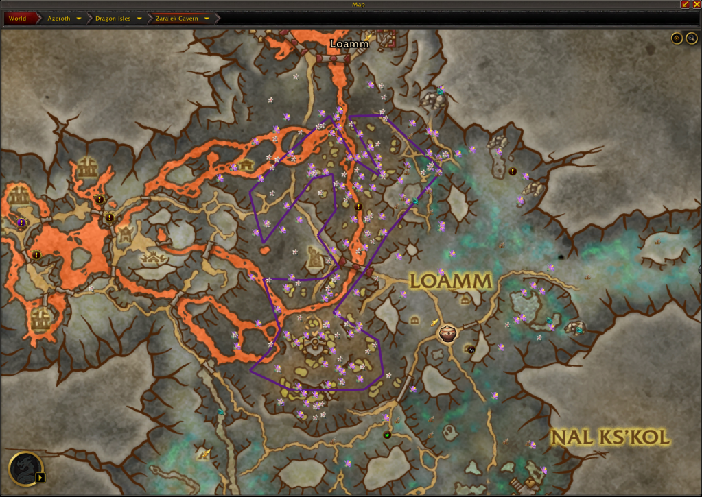 A route in world of warcraft for Zaralek glowspores