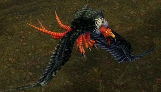 A majestic Jeholornis, a prehistoric bird resembling a buzzard, soars gracefully through the vibrant skies of World of Warcraft's Un'Goro Crater. Sunlight glints off its feathers as it surveys the lush oasis below.