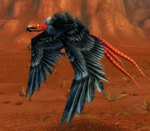 A prehistoric predator takes flight: a Jeholornis, known for its resemblance to modern buzzards, spreads its wings amidst the verdant wilderness of Un'Goro Crater in World of Warcraft.