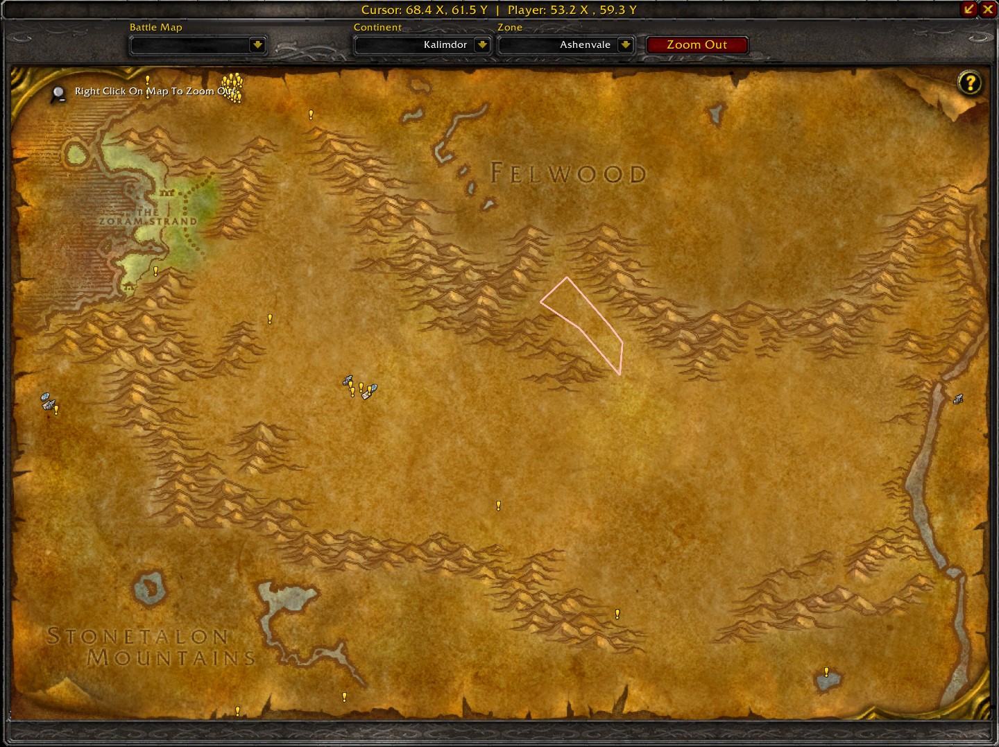 A map of the world of warcraft showing a route for heavy leather farming in ashenvale. The route starts at the flight point in astranaar and loops around the zone, passing through various areas with high concentrations of mobs that drop heavy leather, such as the zoram strand and felwood.