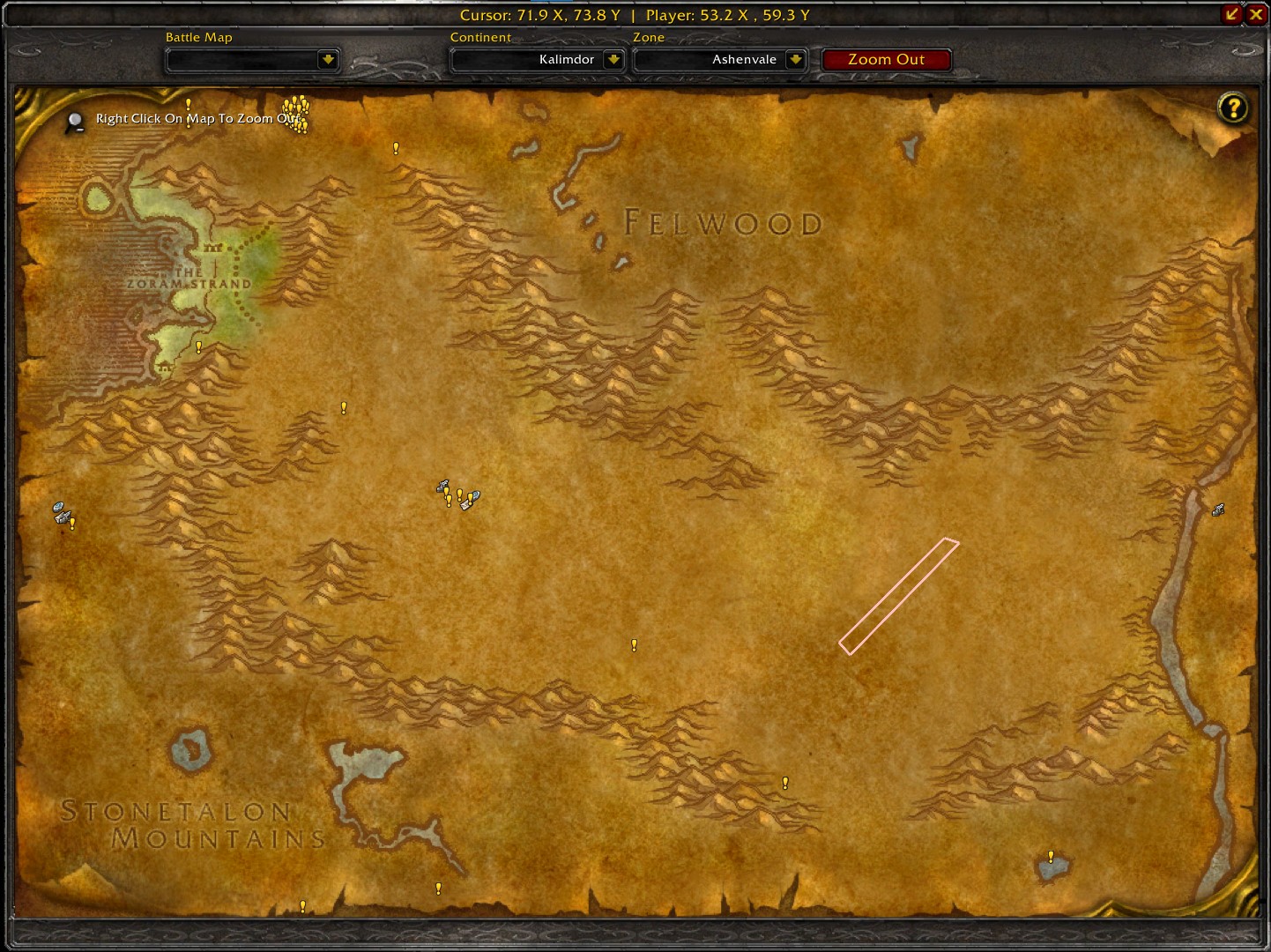 A map of World of Warcraft showing a route for heavy leather farming in Thousand Needles. The route starts at the flight point in Razor Hill and loops around the zone, passing through various areas with high concentrations of mobs that drop heavy leather, such as the Razorfen Downs and the Mirage Raceway.