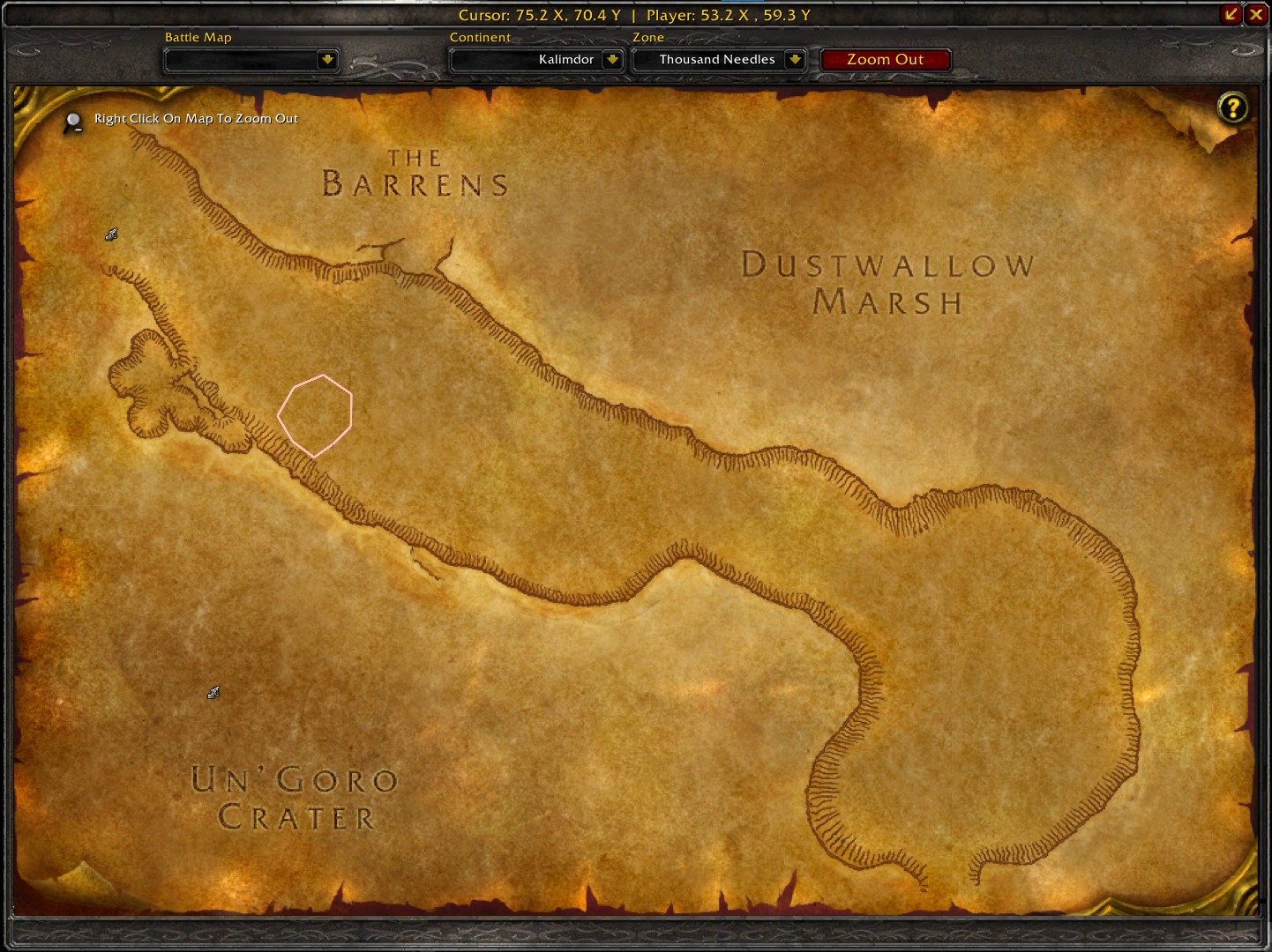 A map of World of Warcraft showing a route for heavy leather farming in the Barrens. The route starts at the flight point in Crossroads and loops around the zone, passing through various areas with high concentrations of mobs that drop heavy leather, such as the Razormane Grounds and the Dustwallow Marsh border.