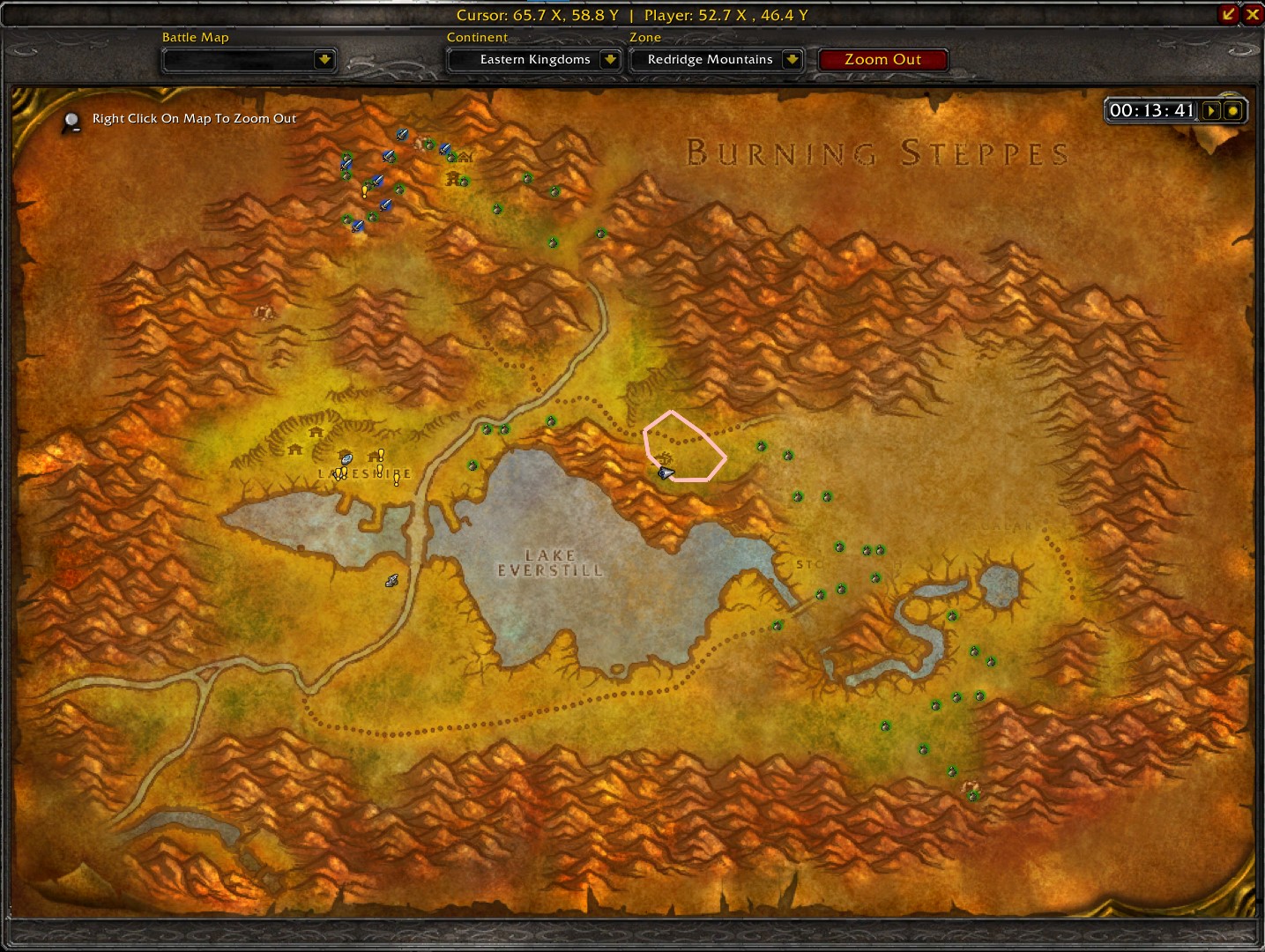 Map of Redridge Mountains showcasing a spider silk farming route with key locations marked.