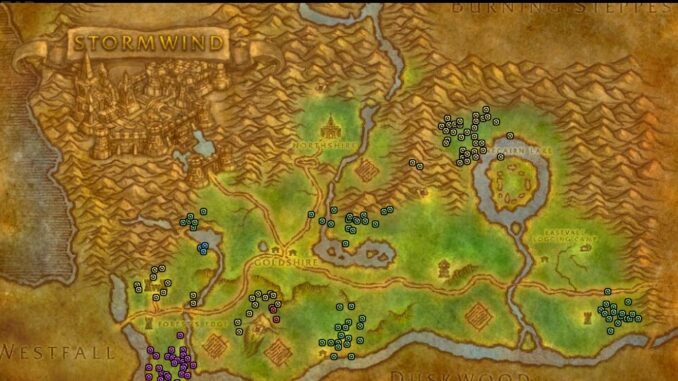 A map of the Stormwind region in World of Warcraft. The route starts in Elwynn Forest and passes through Westfall, Duskwood, and the Redridge Mountains before ending in Stormwind City.