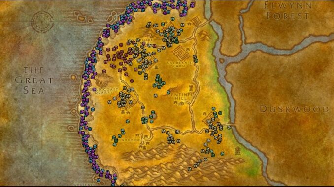 A map of Westfall in World of Warcraft with a route marked out for farming the rare mobs. The route starts at the flight point in Sentinel Hill and loops around the zone, passing through areas with high concentrations of rare mobs.