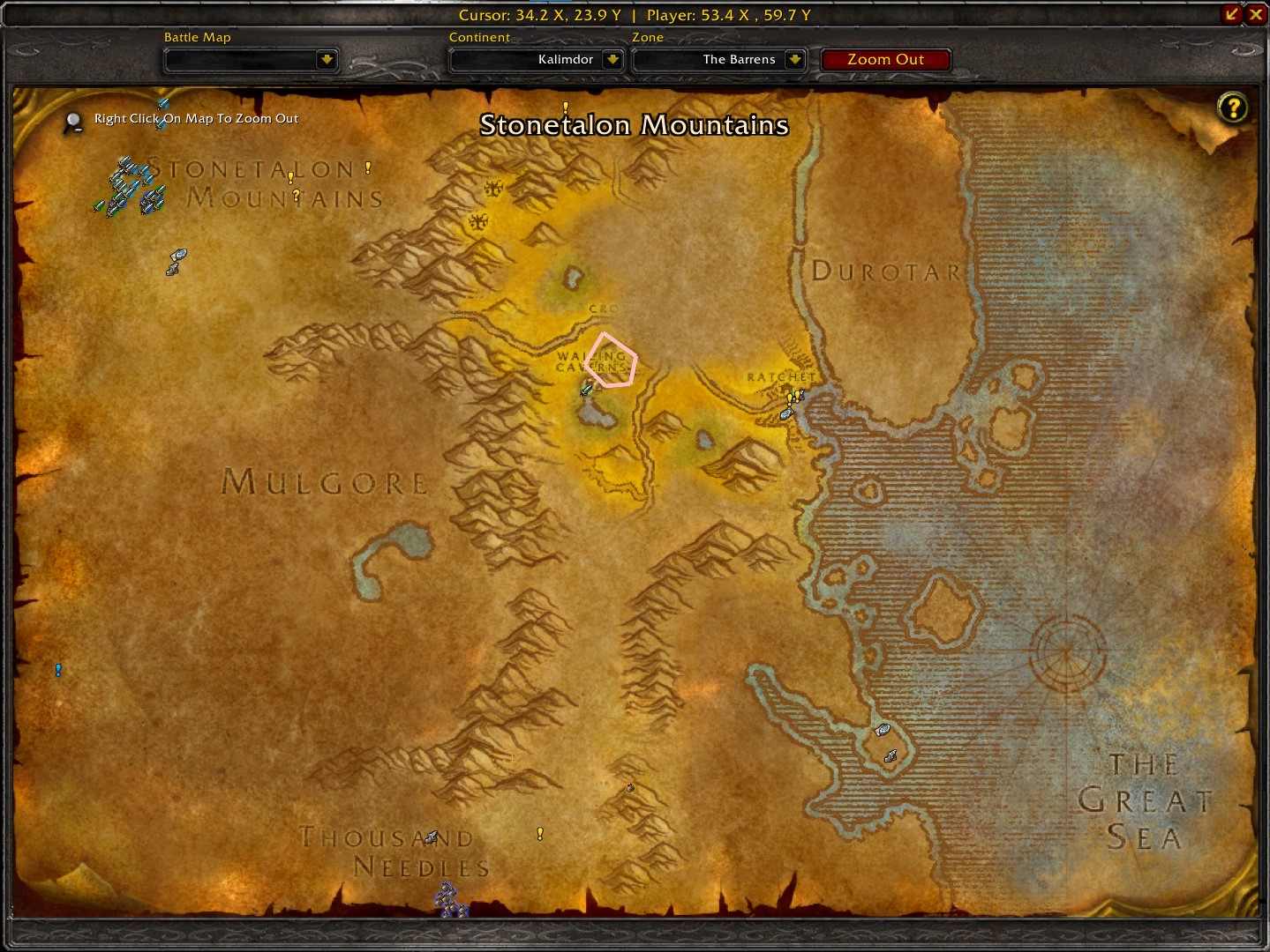 A map of the Wailing Caverns in World of Warcraft Classic, highlighting the optimal route for farming Perfect Deviate Scales.
