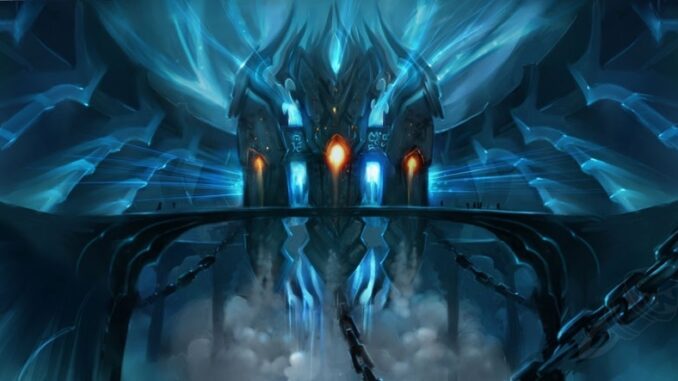 A photorealistic depiction of Icecrown Citadel, a vast, imposing fortress of ice and obsidian spires, set against a backdrop of snow-capped mountains. In the foreground, a lone adventurer stands in awe, dwarfed by the grandeur of the Lich King's seat of power.