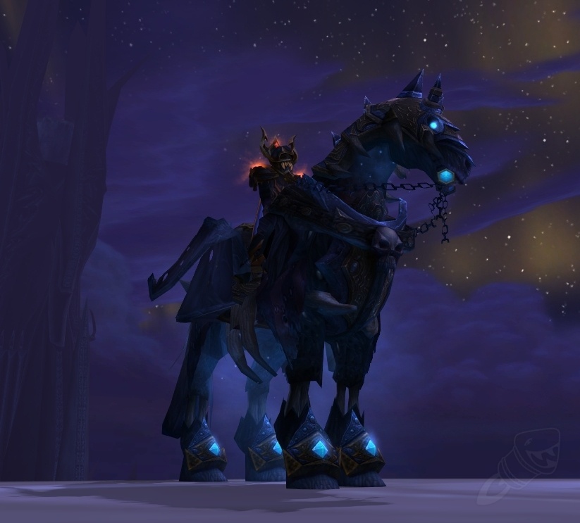 A majestic skeletal horse with glowing blue eyes and icy breath stands on a snowy peak in front of Icecrown Citadel. The horse is clad in ornate barding, including spiked shoulder guards and a flowing mane of bone.