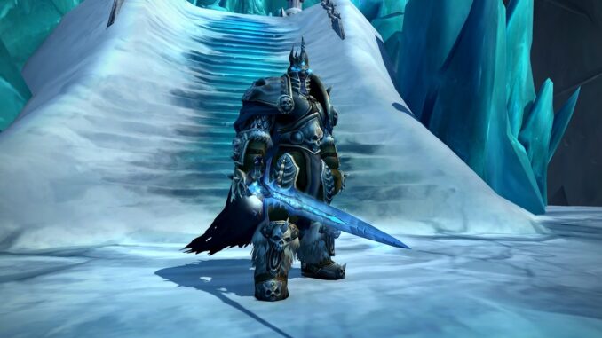 A lone adventurer stands in awe beneath the imposing Icecrown Citadel, the Lich King's icy fortress. Frostmourne, the Lich King's runeblade, casts an ominous shadow over the scene.