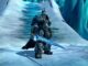 A lone adventurer stands in awe beneath the imposing Icecrown Citadel, the Lich King's icy fortress. Frostmourne, the Lich King's runeblade, casts an ominous shadow over the scene.