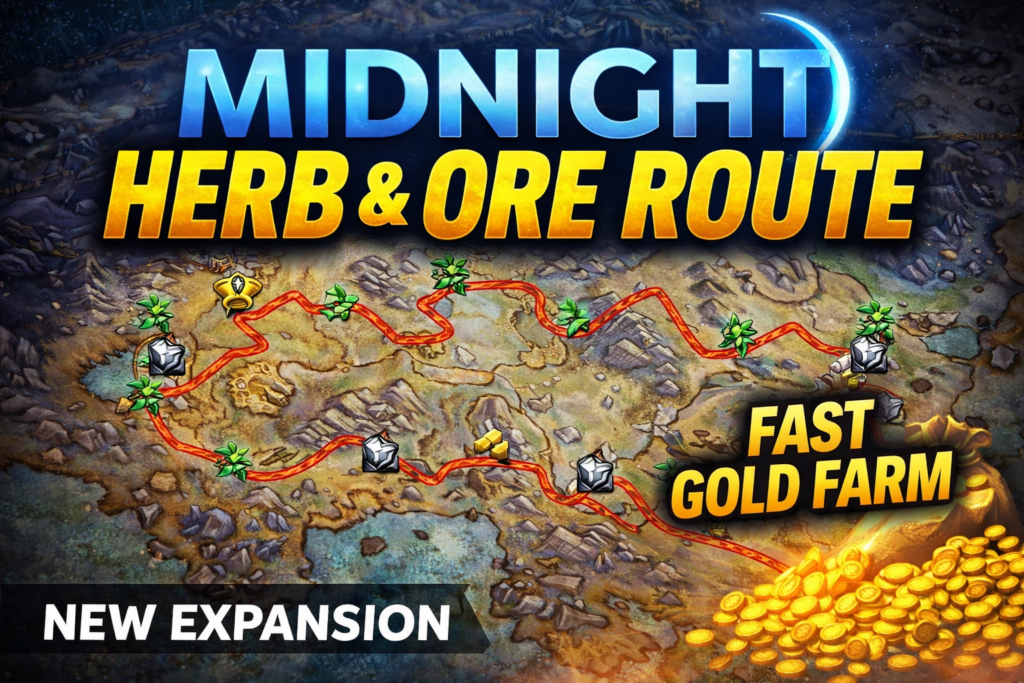 Midnight herb and ore farming route map showing optimized gathering path with gold icons for fast WoW gold farming in the new expansion